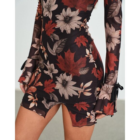 Women's Brown Floral Mesh Long Sleeve Party Cocktail Body-con Mini Dress - Picture 6 of 6